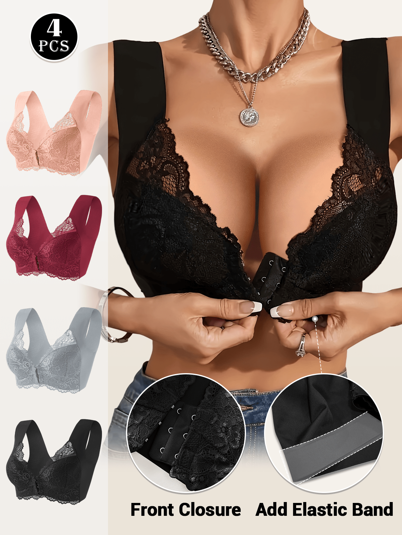 Women Lace Push-Up Bras with Floral Pattern Adjustable Wire-Free Black Pink