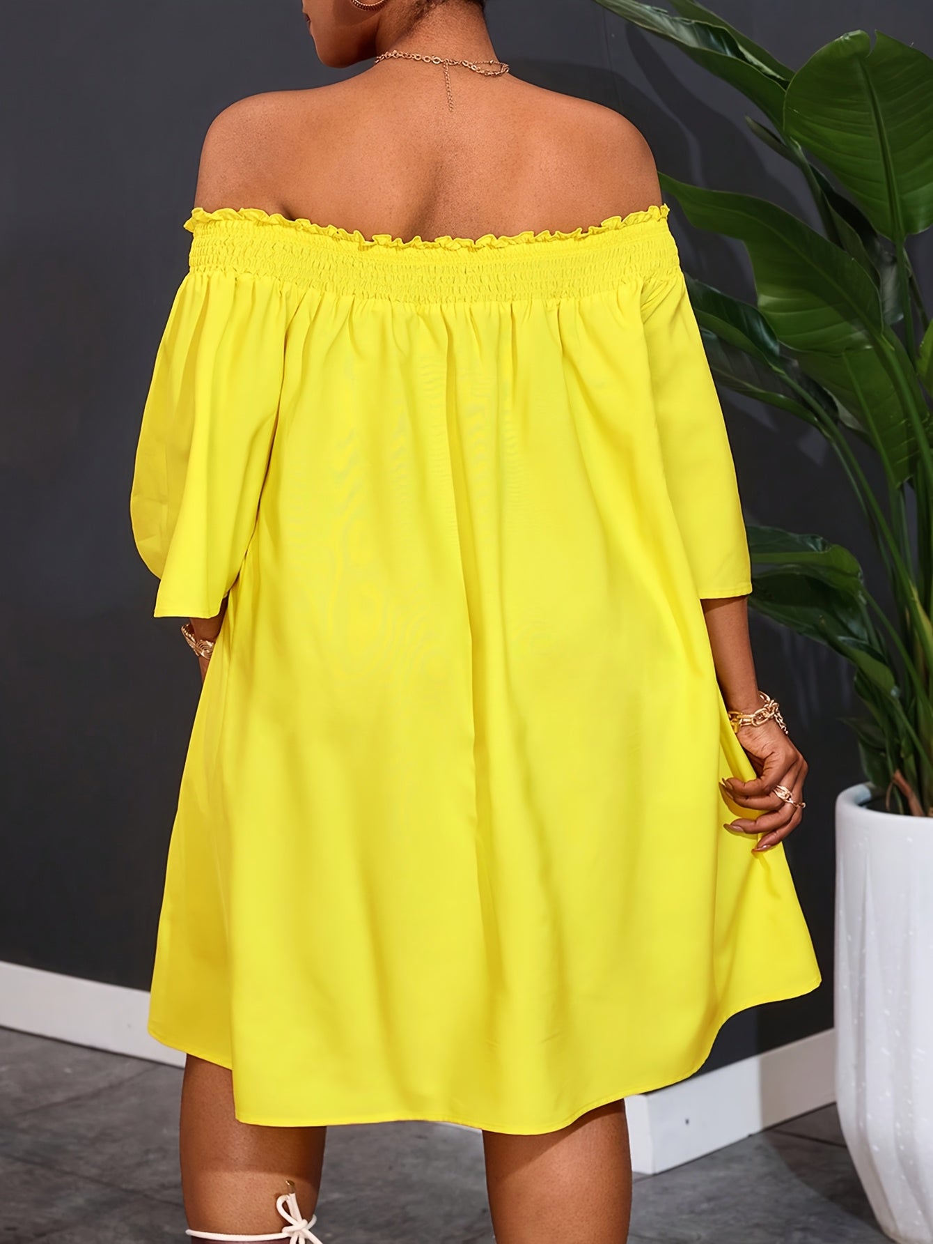 Plus Size Womens Off Shoulder Flared Hem Party Dress Yellow Casual Summer