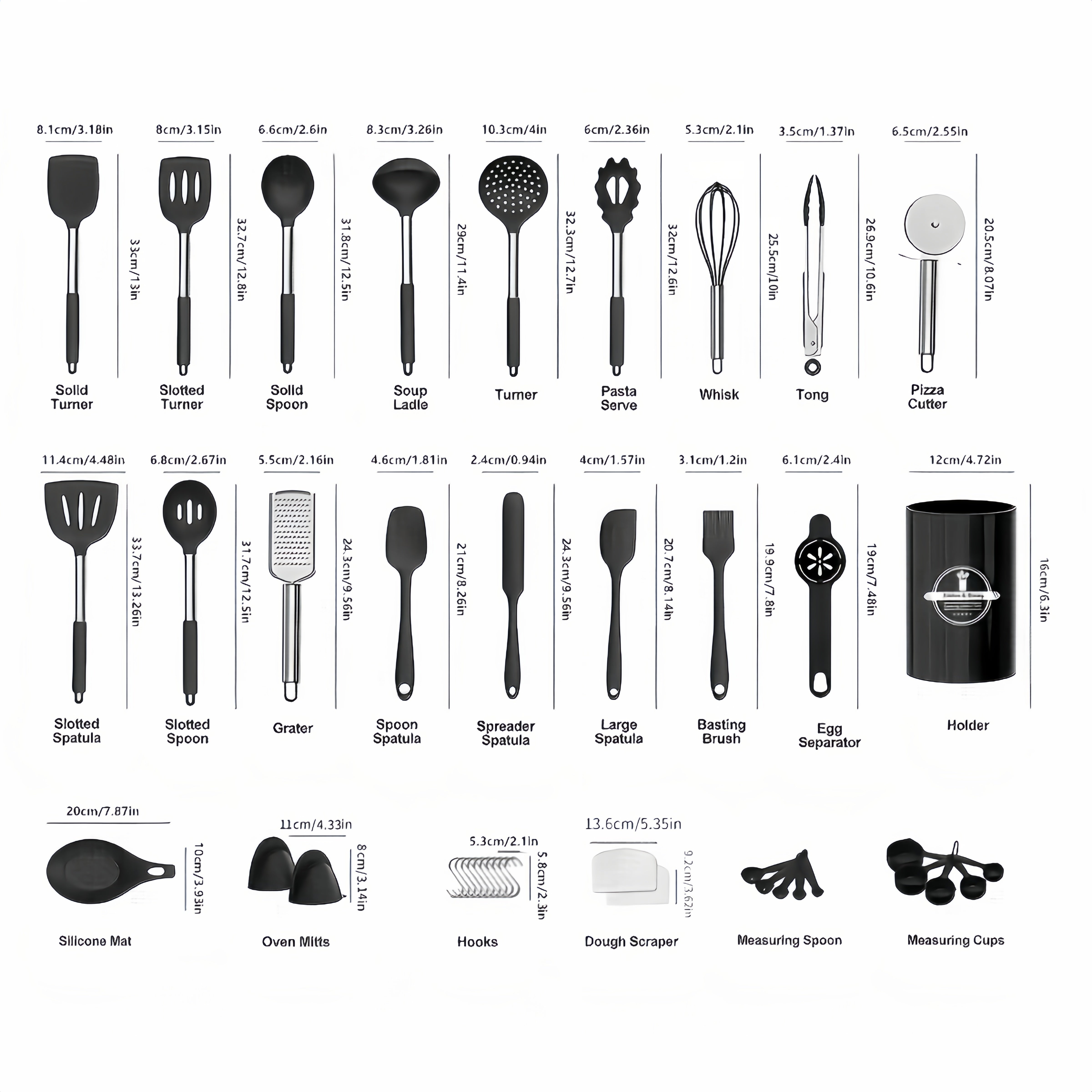 Set of 43 Silicone Kitchen Utensils with Stainless Steel Handles and Storage Bucket