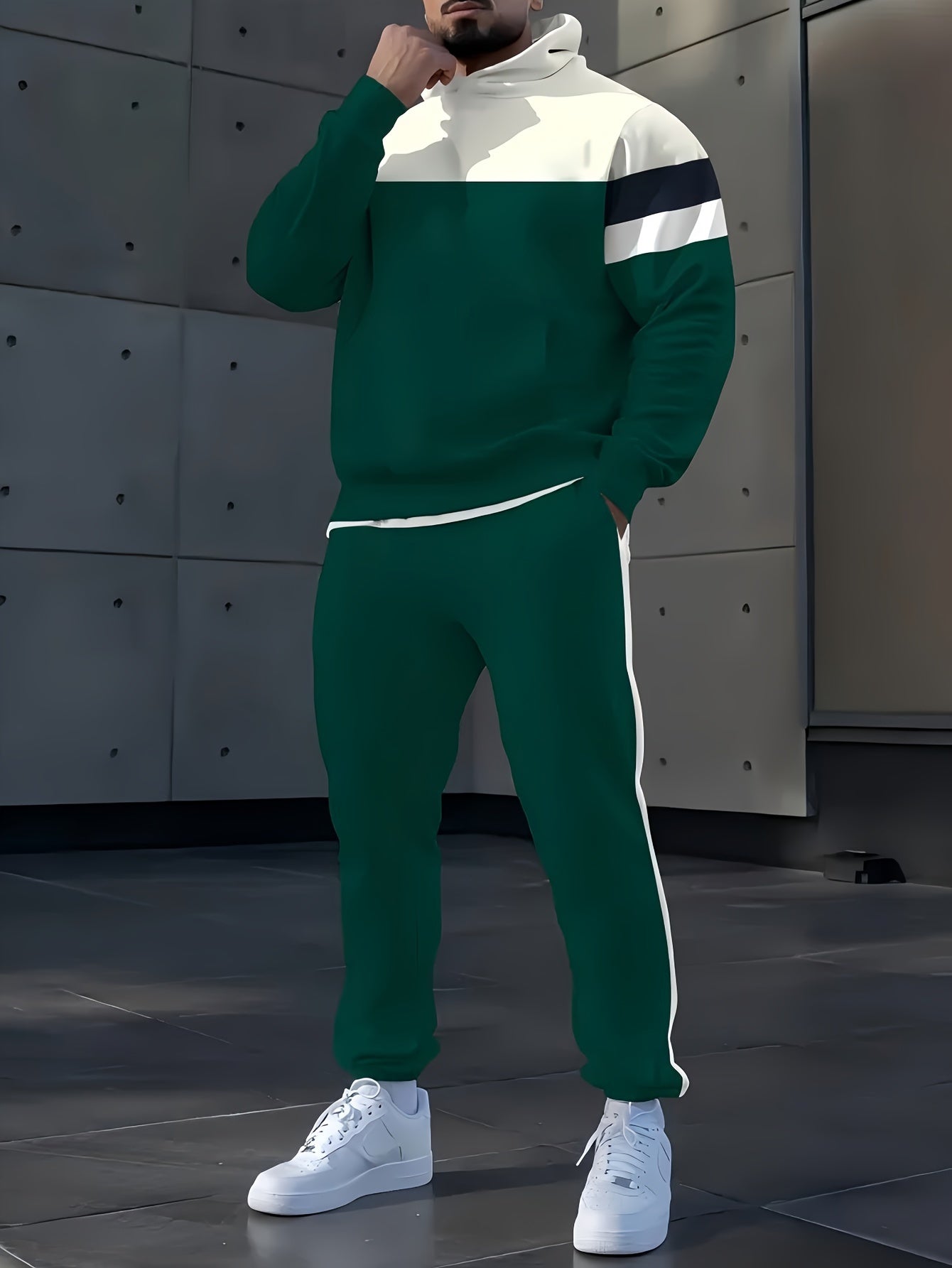 Men's All-Over Print Polyester Sportswear Set Hooded Top and Pants Spring Fall Regular Fit