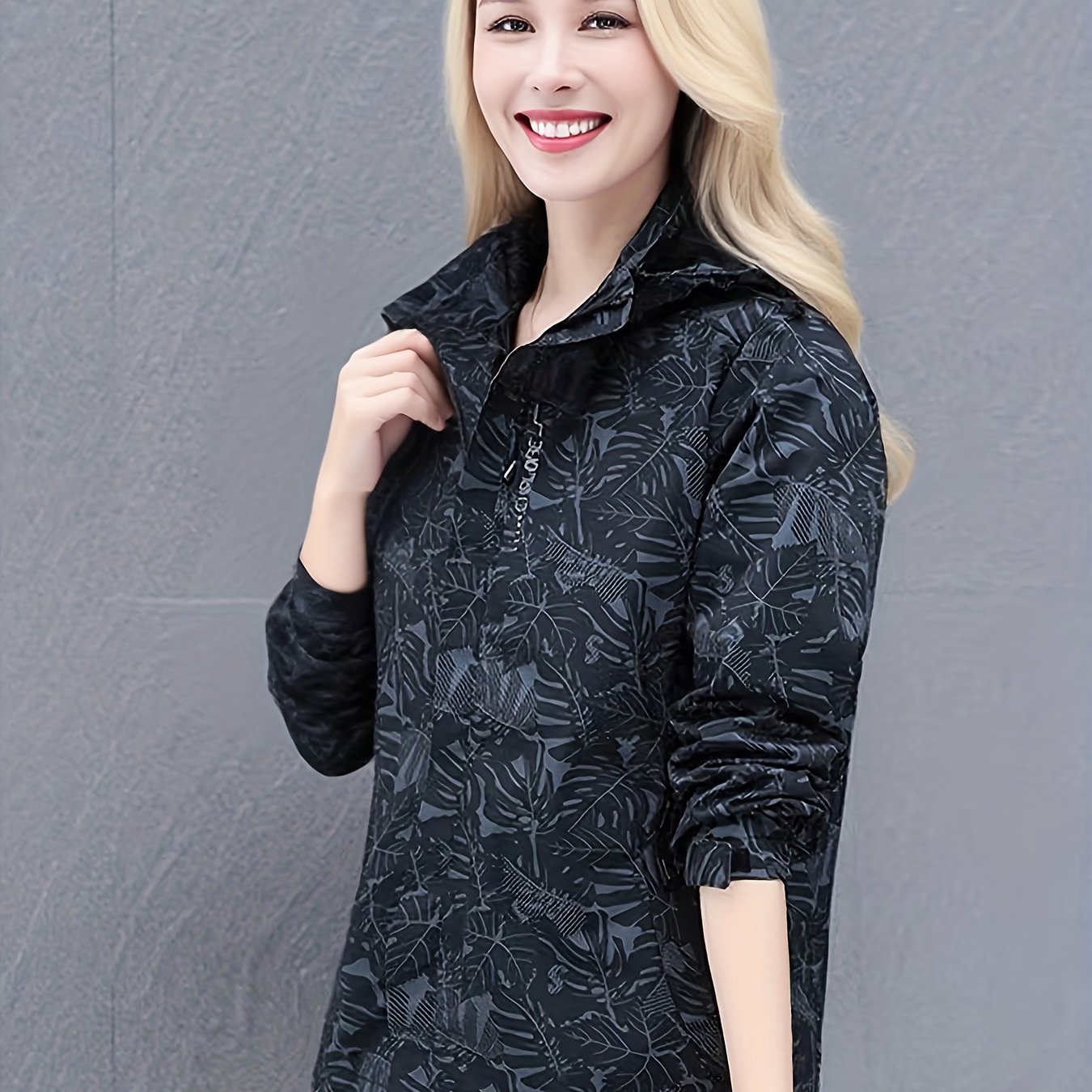 Women's Plus Size Hooded Sports Jacket Autumn Winter Printed Zipper Coat