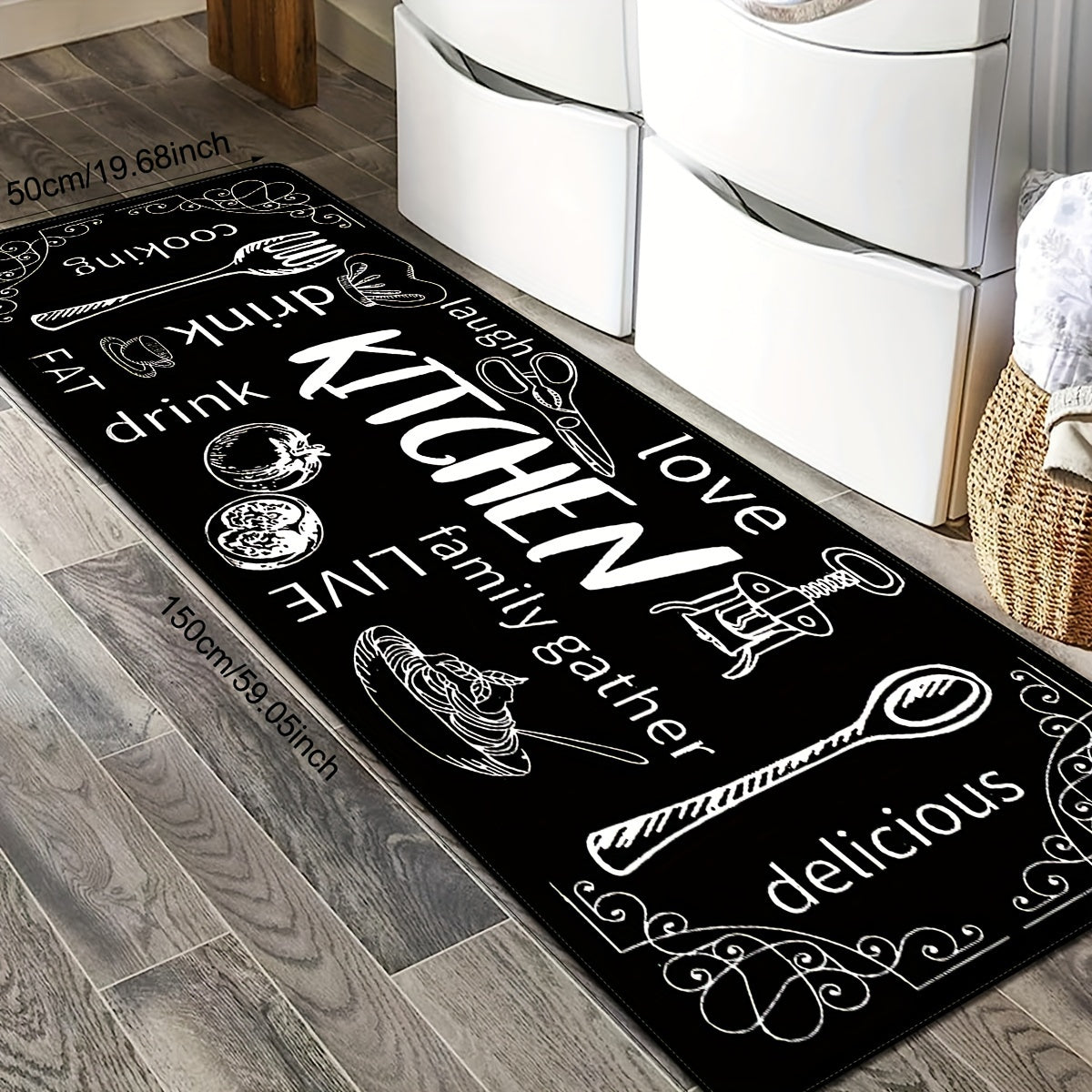 Black Kitchen Floor Mat Non-Slip Washable with Cooking and Dining Themes for Doorways Laundry Bathroom