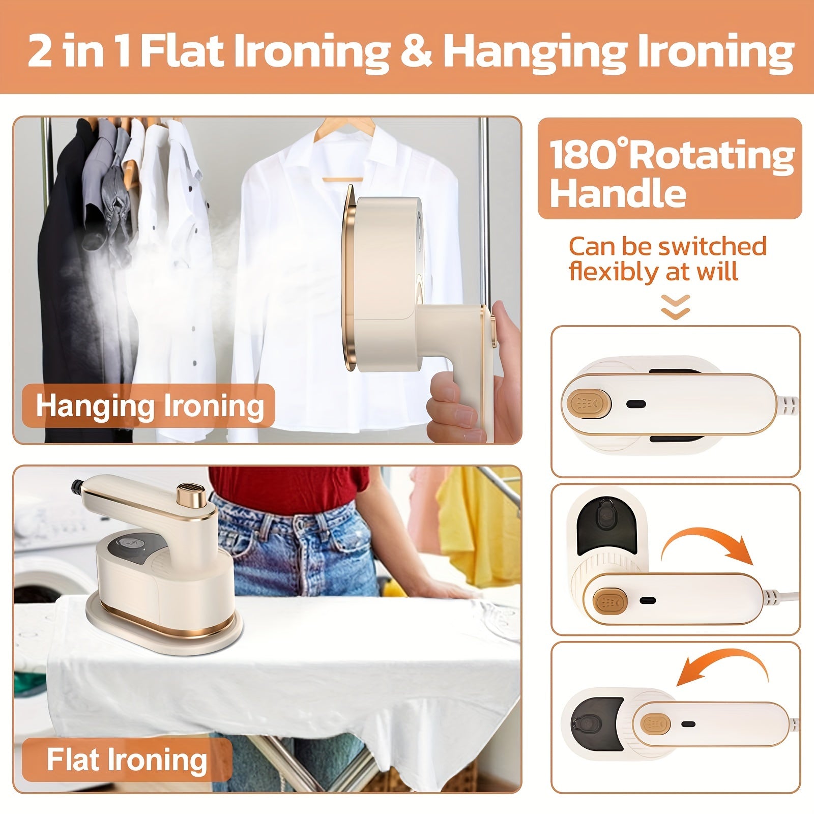 Handheld Steam Iron with 15-Second Heating Portable Travel Dry Wet Iron