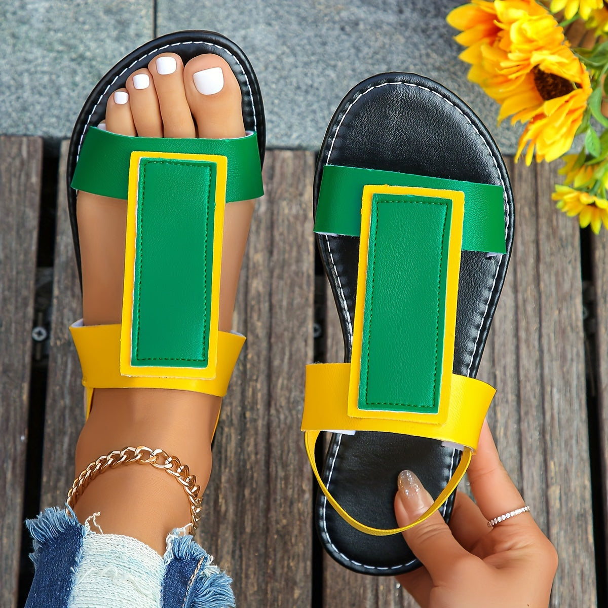Women's Color-Block Summer Sandals Black Lime Green Yellow Straps Adjustable Sandals