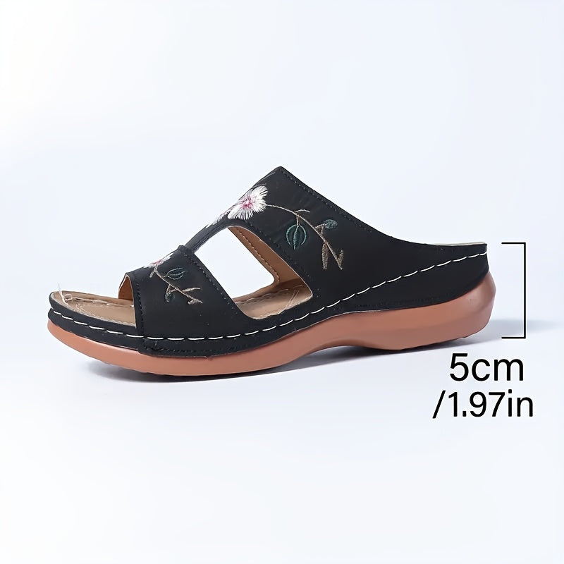 Women's Floral Embroidered Slip-On Sandals Open-Toe Summer Shoes with Rubber Sole