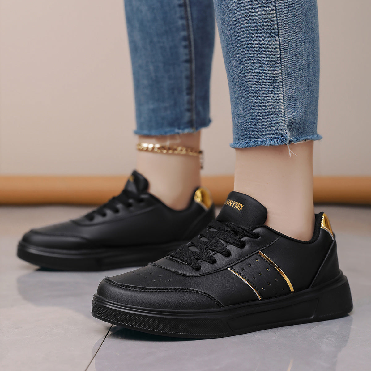 Women Black Low-Top Sneakers Breathable PU Casual Shoes with Gold Accents