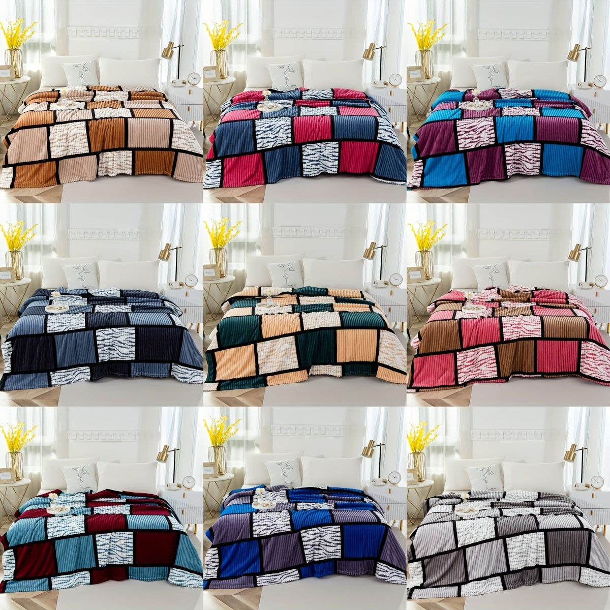 Color Block Faux Rabbit Fur Bed Blanket Cozy Throw for Bed Sofa Couch