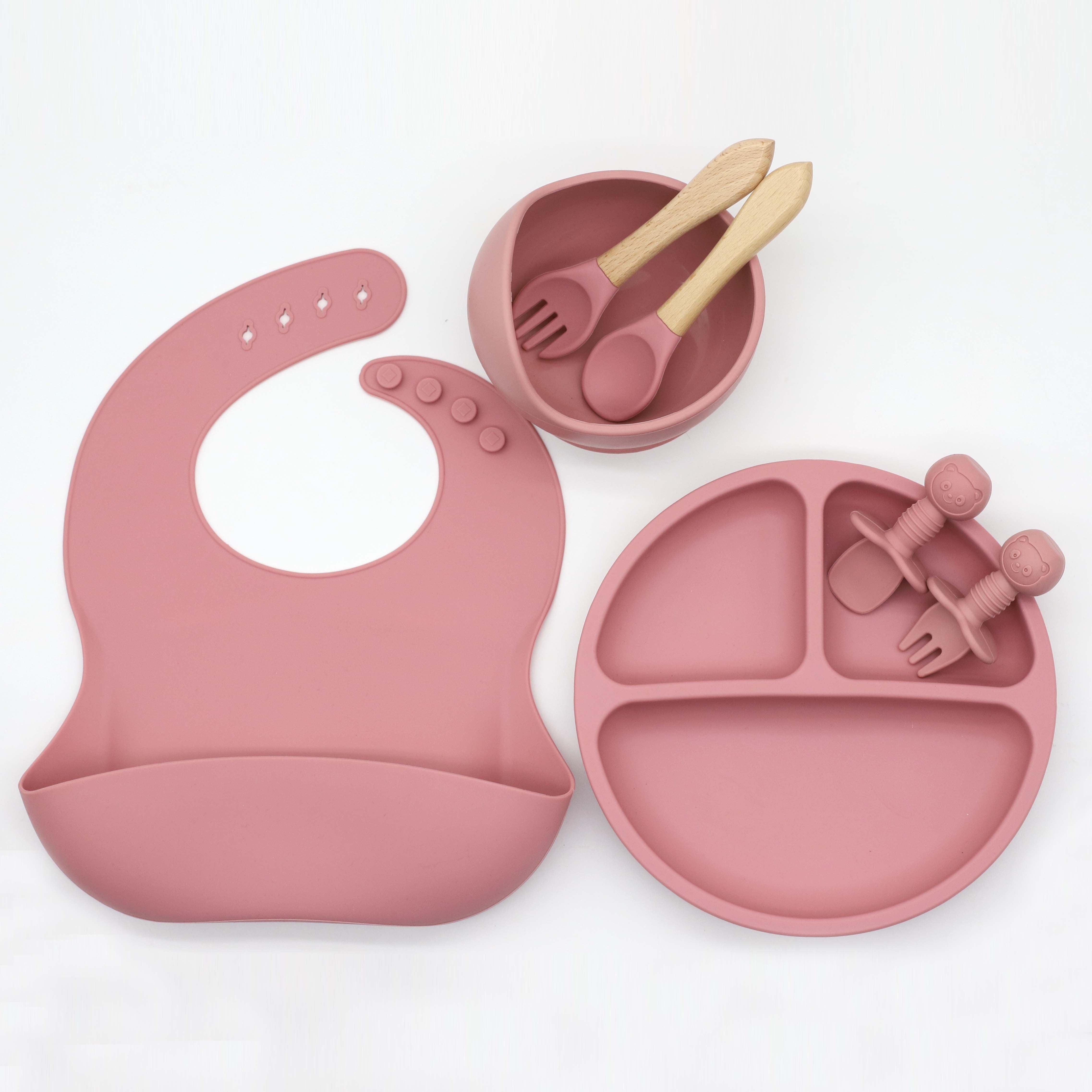 7-Piece Silicone Baby Utensils Set with Bowl Plate and Wooden Handle Spoons Forks Green