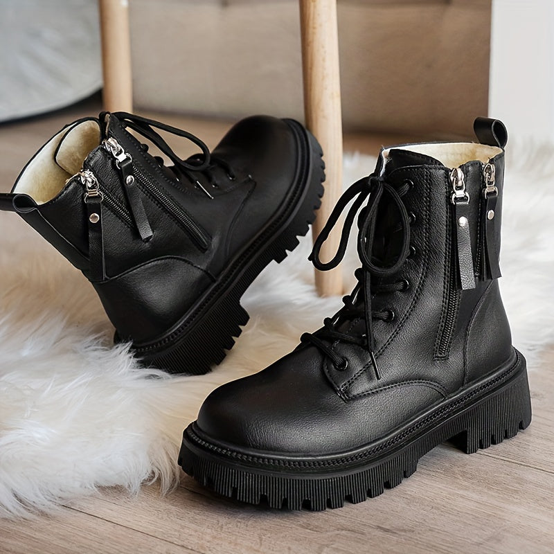 Women's Fleece-Lined Winter Boots Casual Lace-Up Mid-Calf Solid Color