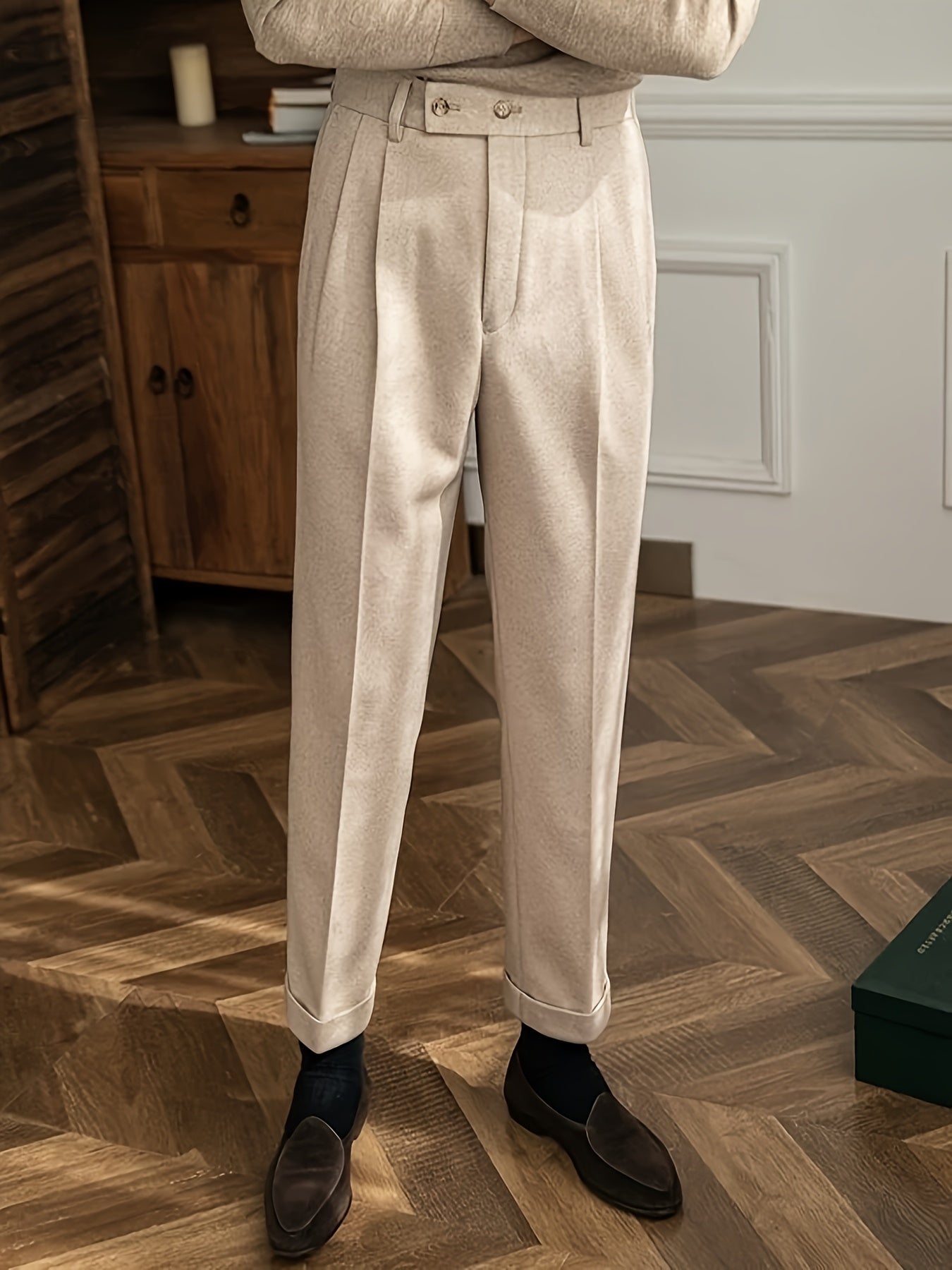 Pantalones de estilo británico de cintura alta para hombre, color sólido, con elastano, para otoño e invierno, trabajo