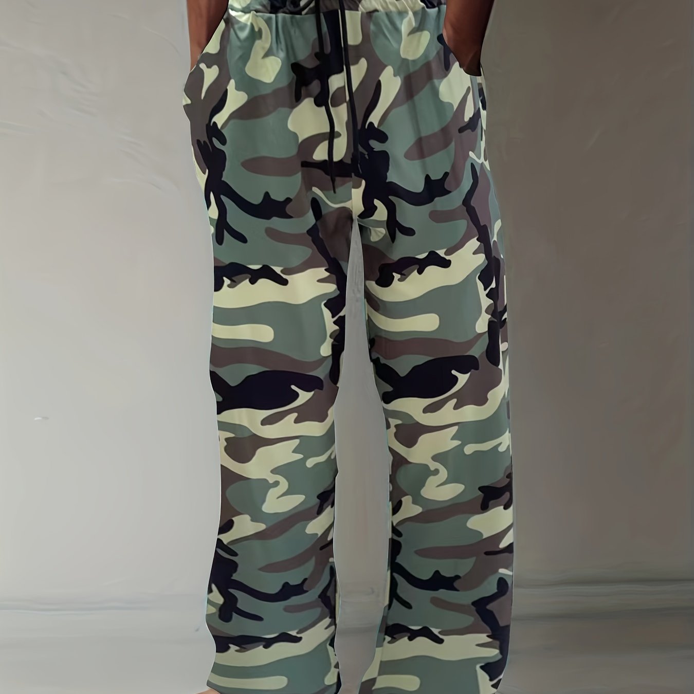Pantalones deportivos de tamaño grande para hombre con patrón de camuflaje, ajuste holgado, pantalones deportivos de poliéster