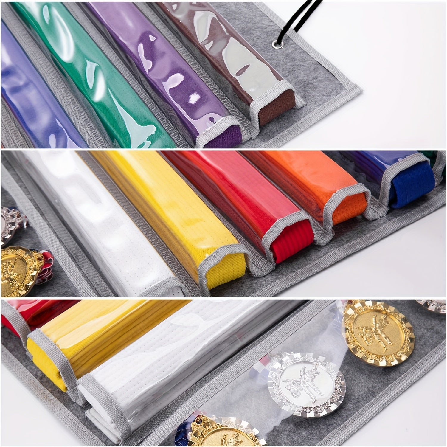 Martial Arts Belt and Medal Organizer Wall Rack with 9 Clear Pockets