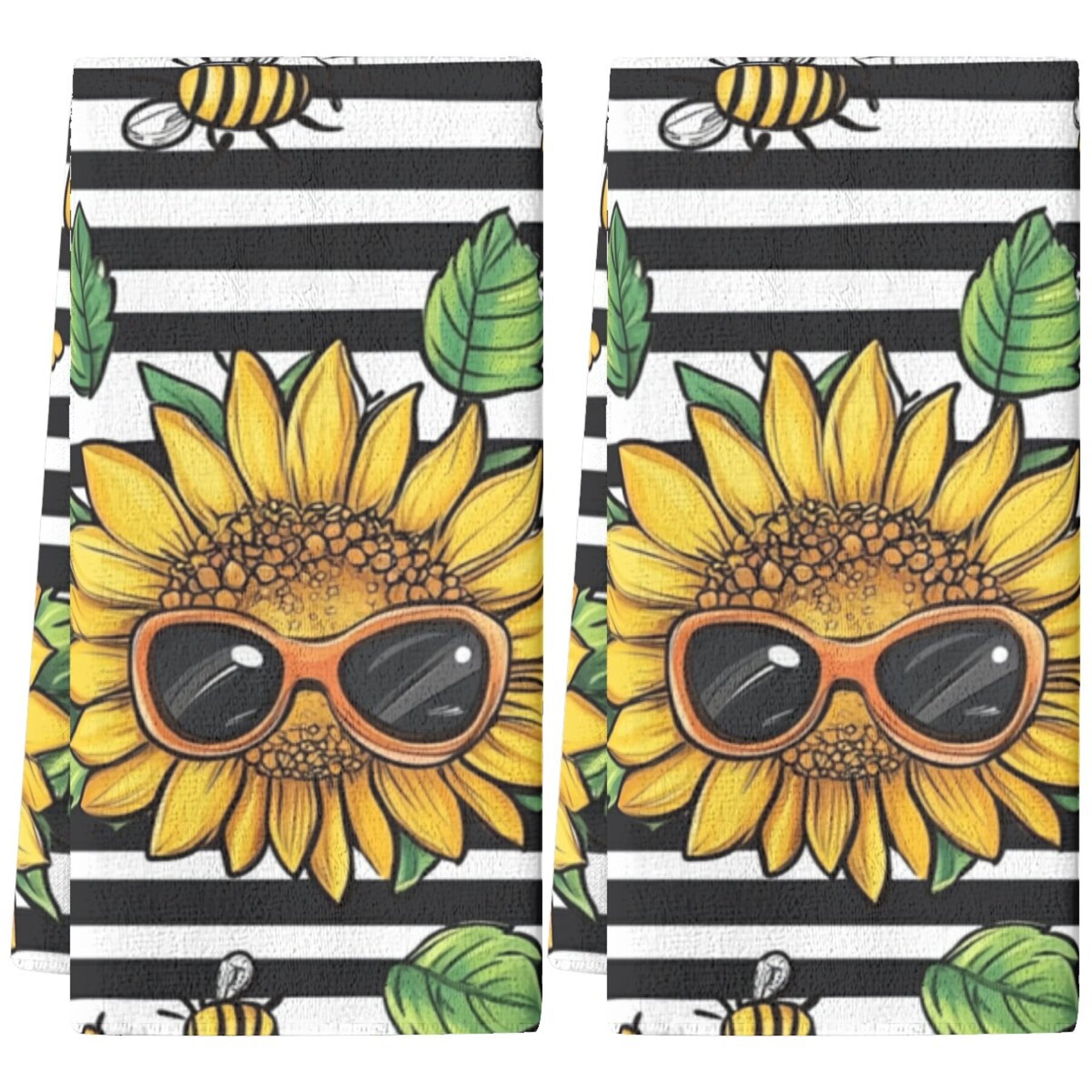 Sunflower Pattern Dish Cloths Set, Woven Polyester Kitchen Towels, Hand Wash