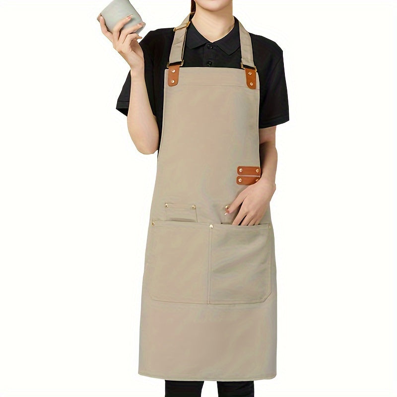 Ko'p maqsadli suv o'tkazmaydigan kanvas apron, sun'iy charm aksentlar bilan, oshxona, catering va sut choyi do'konlari uchun mukammal. Mustahkam polyester materialdan tayyorlangan va zamonaviy bir rangli dizaynga ega.