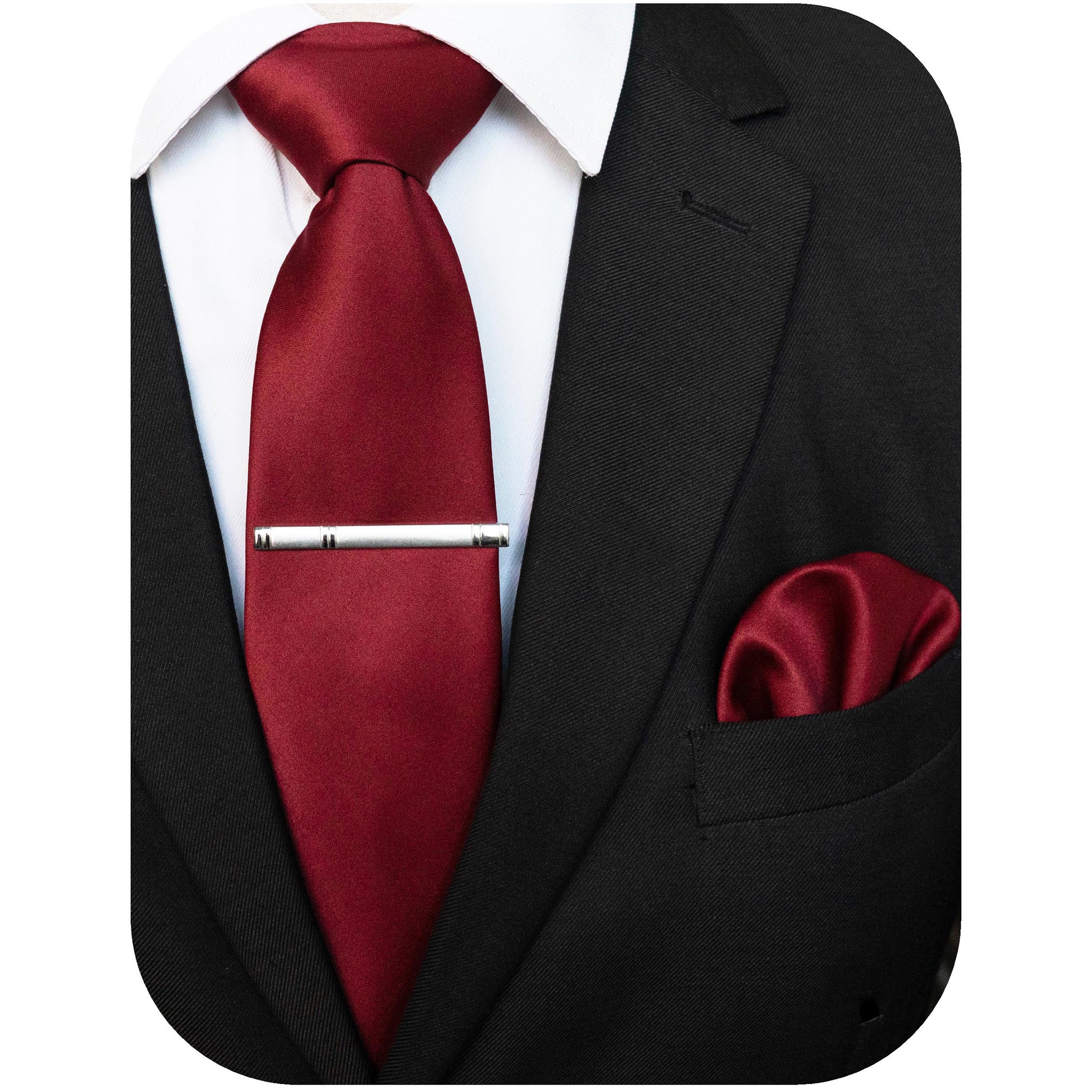 Men's Solid Color Tie and Pocket Square Set with Tie Clip for Business and Wedding