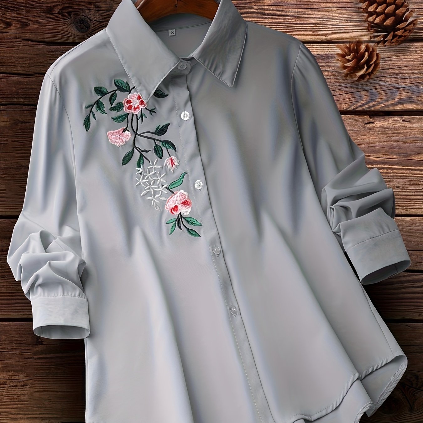 Women's Embroidered Floral Woven Shirt with Lapel Collar for Spring and Fall