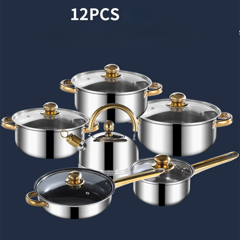 Stainless Steel Cookware Set 12 Pieces with Golden Handles Removable Lids