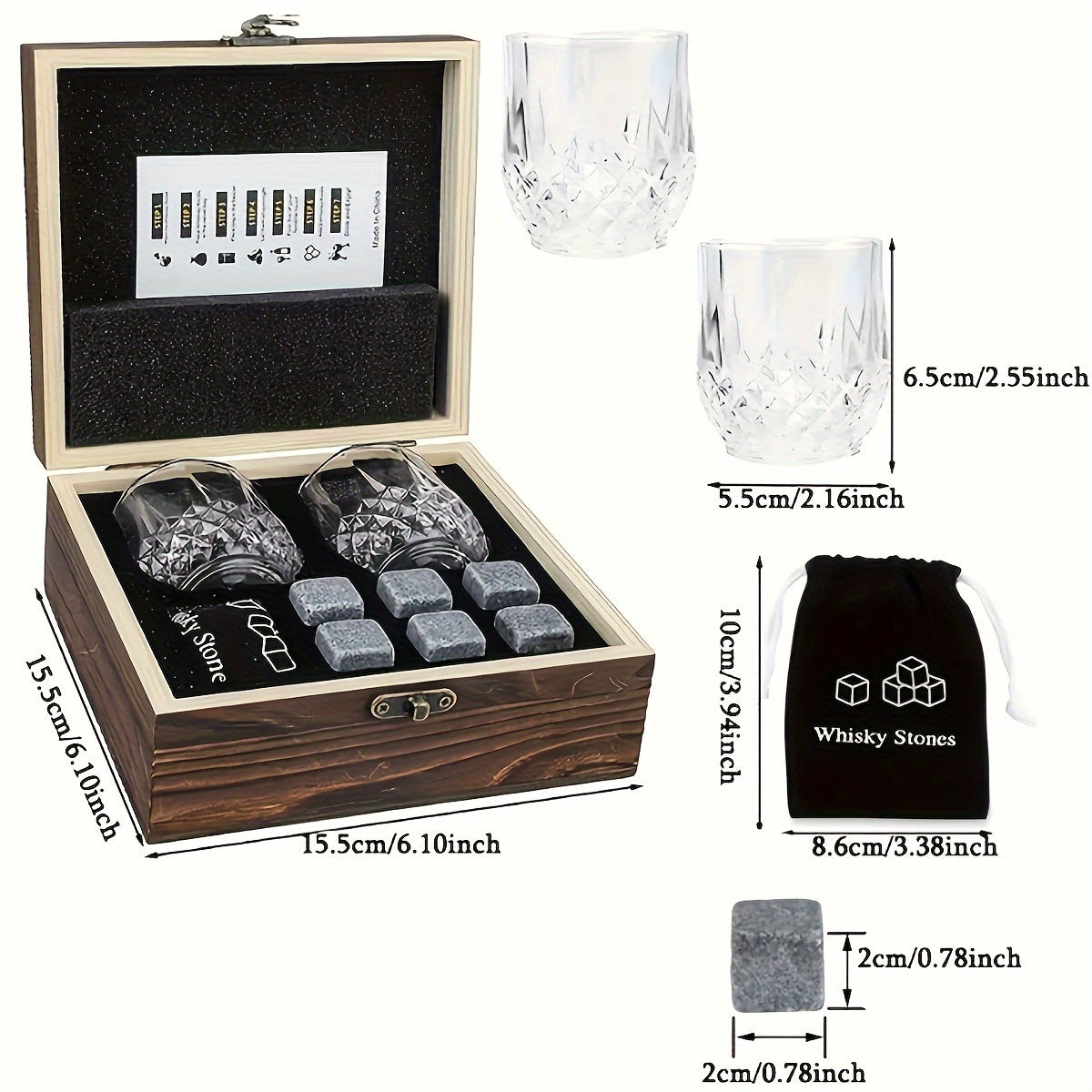 Engraved Whiskey Glasses Gift Set with Reusable Granite Ice Cubes and Wooden Storage