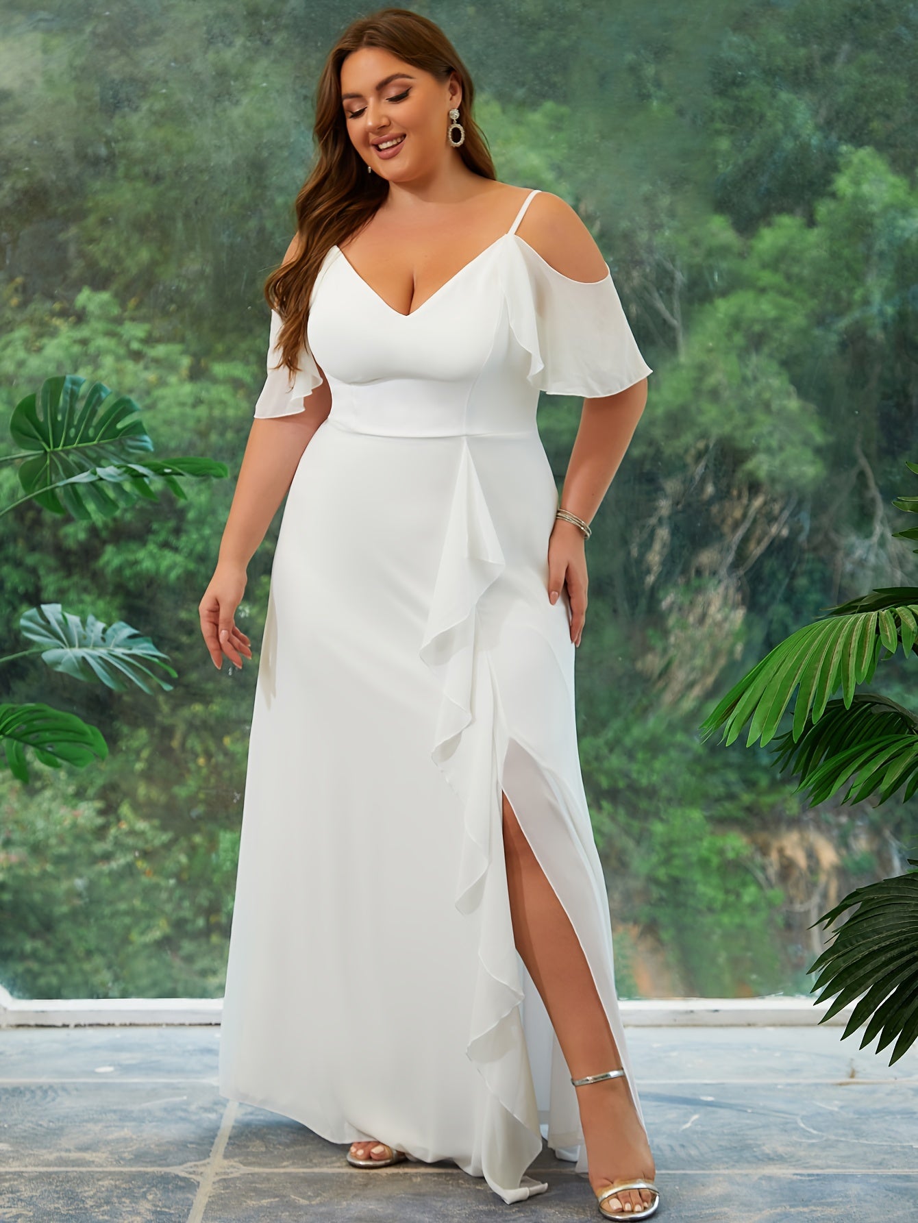 Plus Size Long Formal Wedding Dress Polyester V-Neck Floor-Length