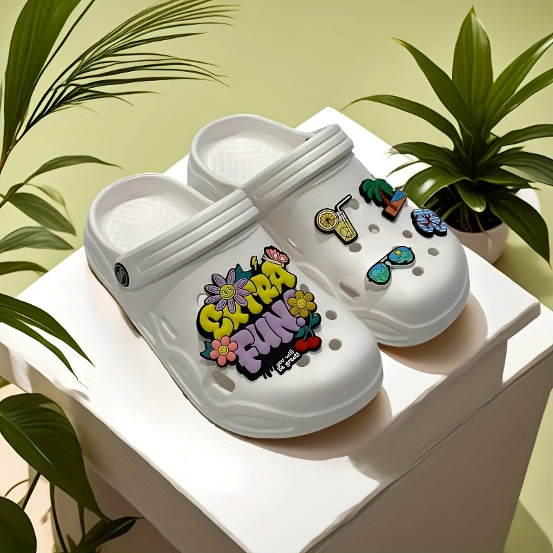 Women’s EVA Beach Clogs Black Pink with Playful Accessory Charms