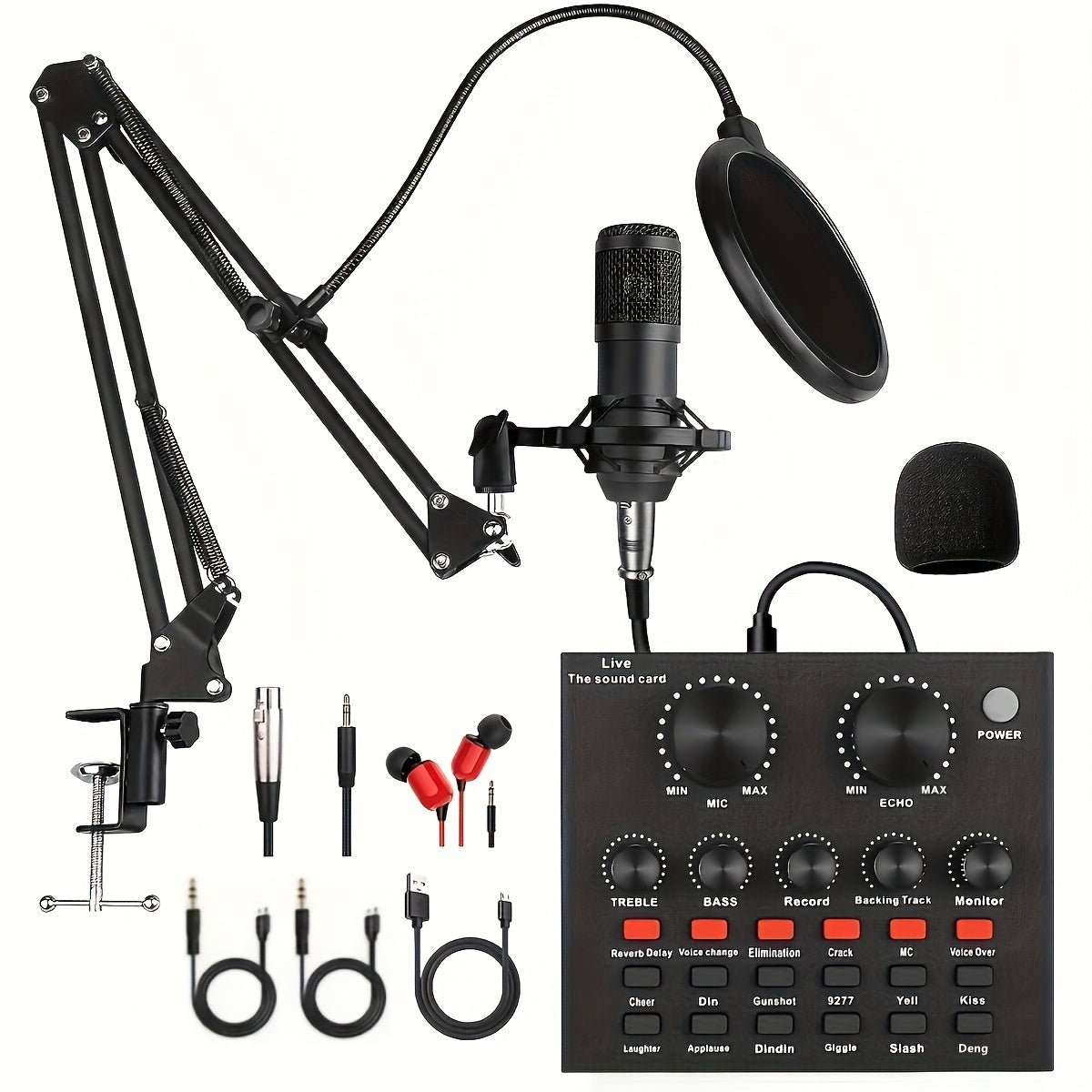 Podcast Equipment Kit with Microphone and Sound Card for Recording Streaming Gaming Black