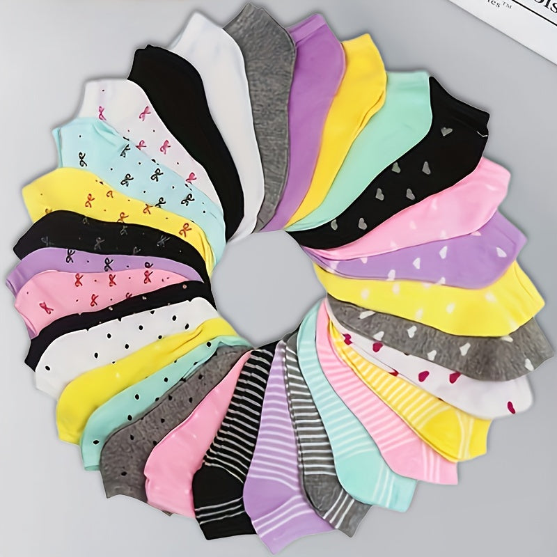 20 Pairs Women's Rainbow Low-Cut Socks with Heart Bow Stripe Prints 100% Polyester