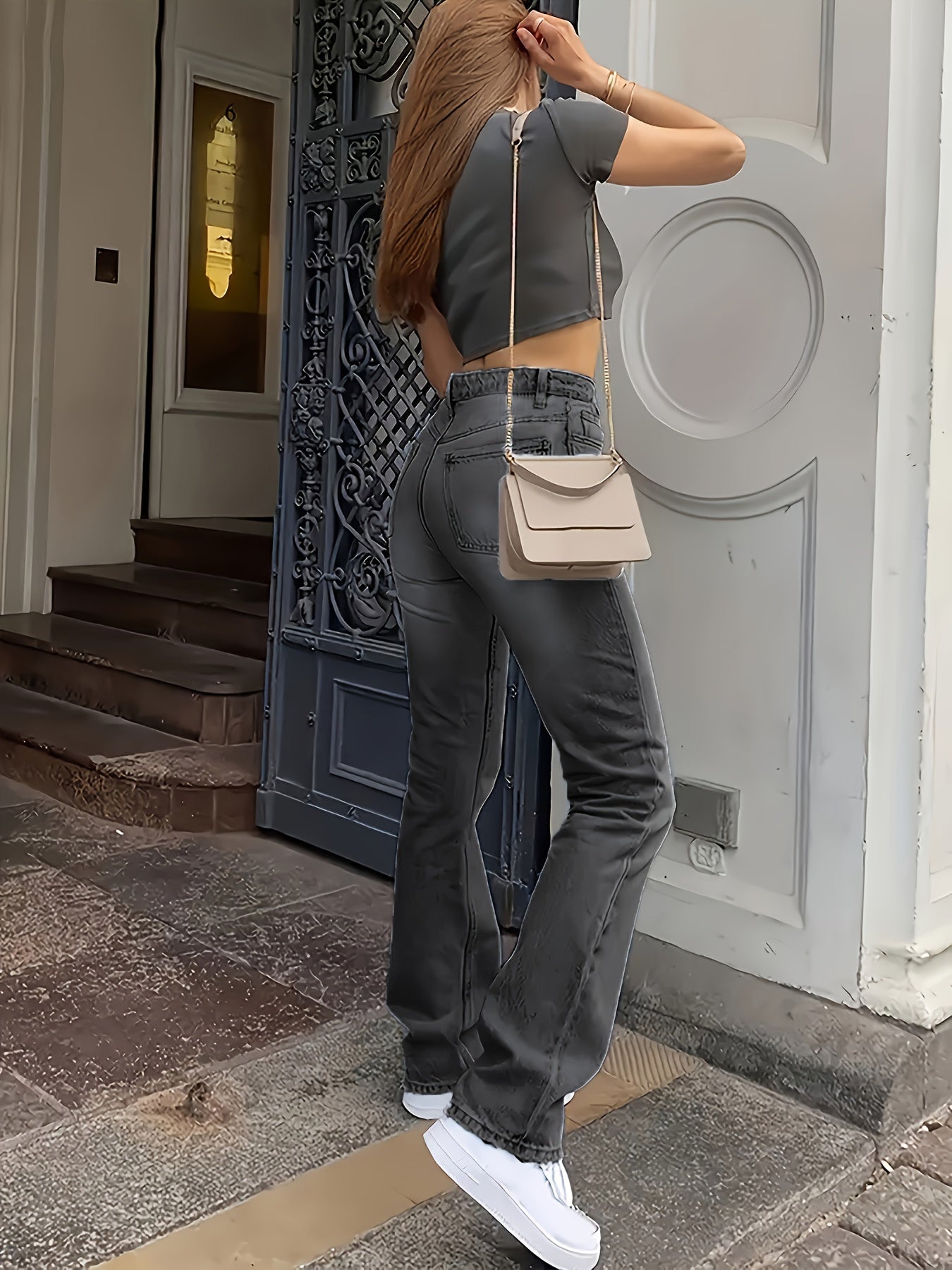 Jeans rectos de mezclilla casual de tiro alto y lavado claro para mujer con bolsillos con abertura