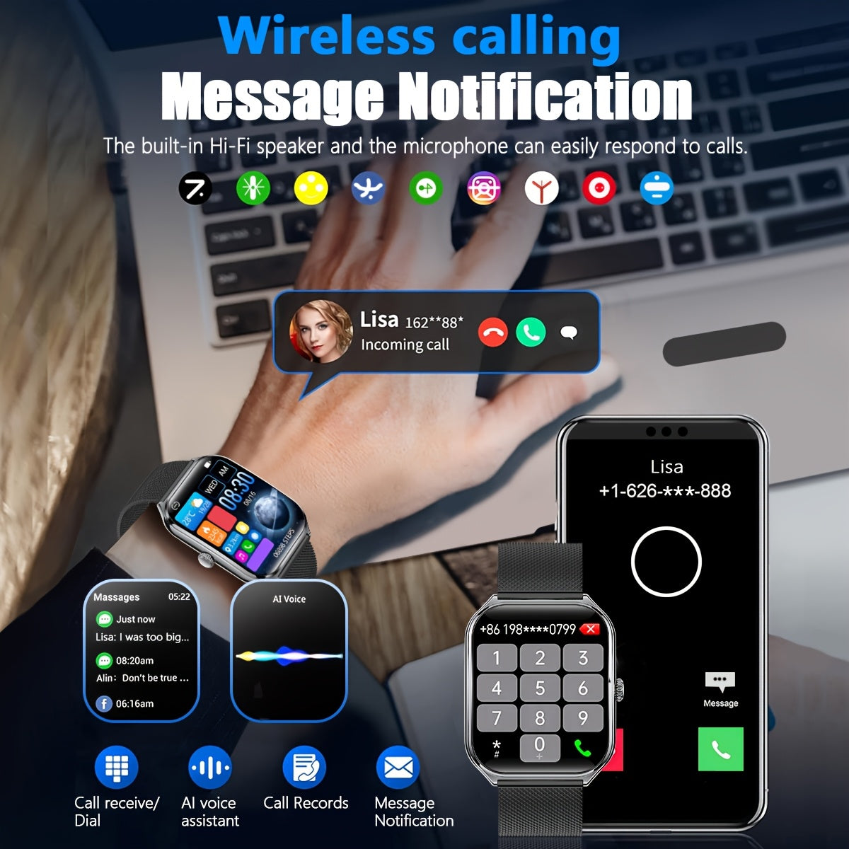 Ultra-Thin Smartwatch with Full Touch Display Dual Screen USB Charging Stainless Steel Case Fitness Tracking Calls Messages Music Control for Android iPhone