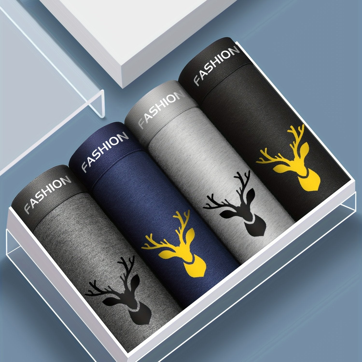 Erkaklar uchun 4 ta to'plam hayvon naqshli boxer shortlari, 92% polyester va 8% spandeksdan tayyorlangan yuqori cho'ziluvchan trikotaj mato. Zamonaviy kattalar o'lchamidagi qisqa ichki kiyim.