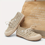 Women's Handmade Linen Style Flats Casual Checkered Lace-Up Shoes