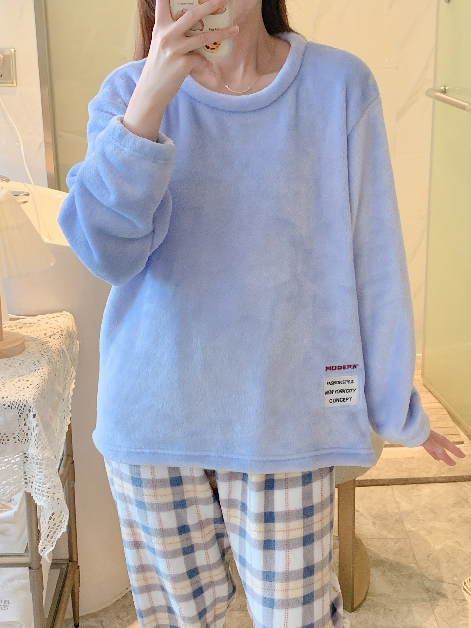 Women's Plaid Fuzzy Pajama Set Long Sleeve Crew Neck Elastic Waist Pants Winter Sleepwear Loungewear