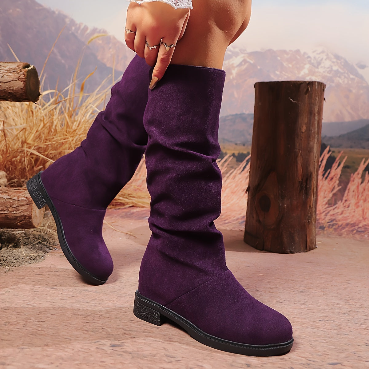 Women's Mid-Heel Slip-On Boots with Cushioned Sole in Pink White Beige Navy