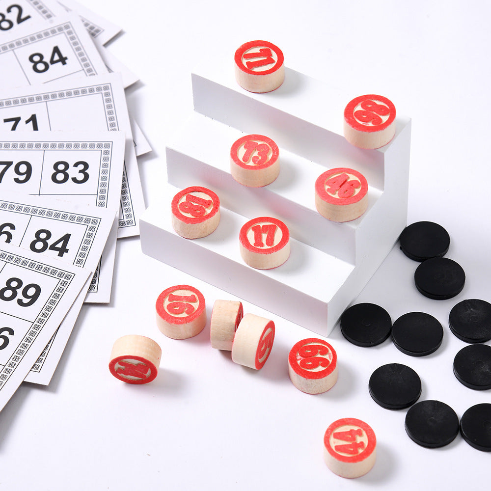 Wooden Lottery Game Set with Double-Sided Bingo Cards for Ages 14+