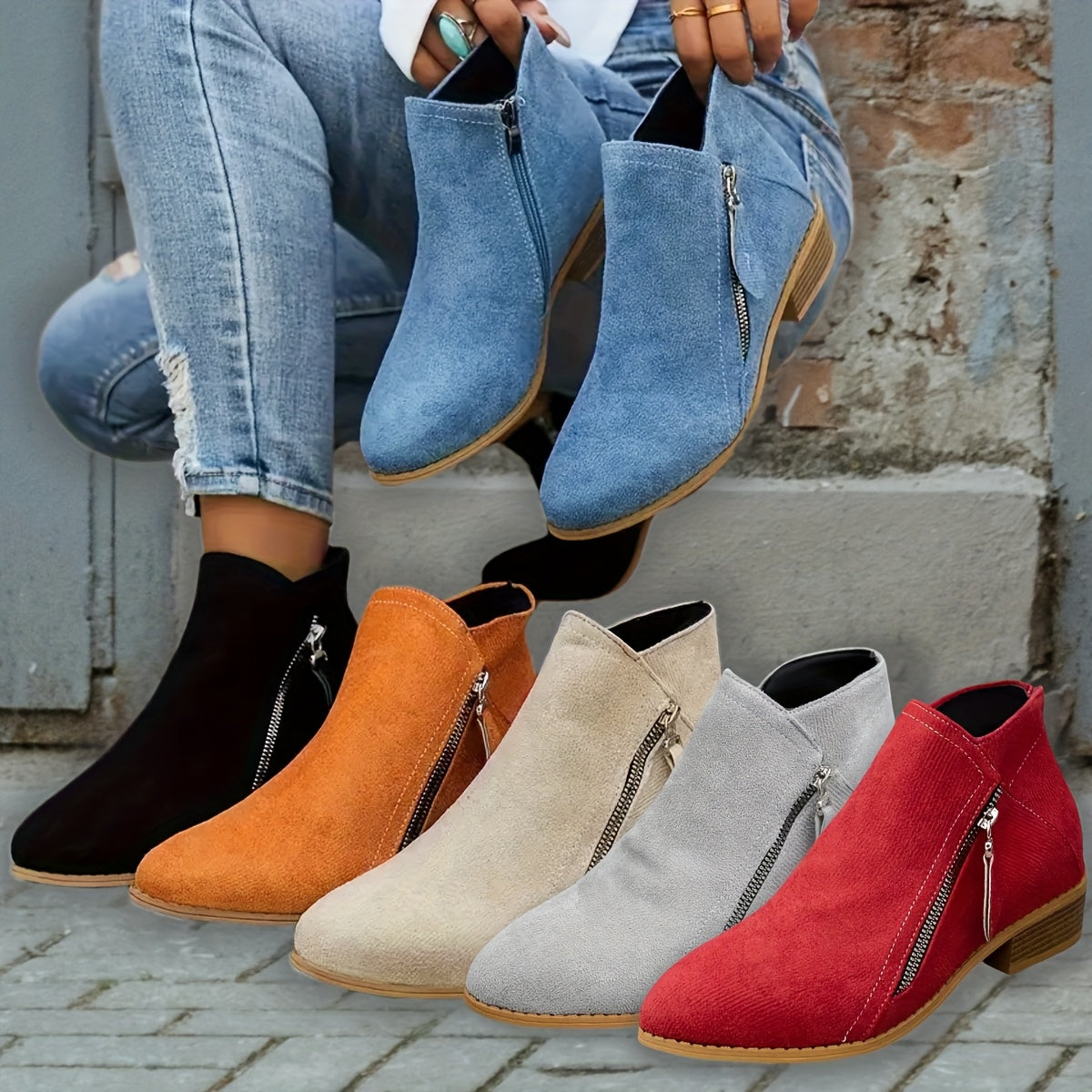 Women's Velvet Low Heel Ankle Boots with Side Zipper Casual Shoes