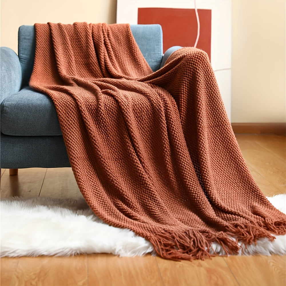 Knit Throw Blanket with Tassels Lightweight Acrylic Bubble Texture for Couch Bed Decor