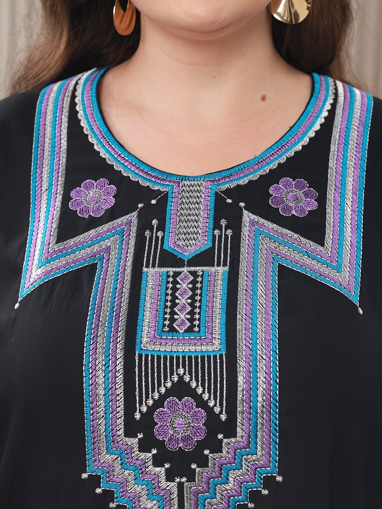 Embroidered Tribal Pattern Kaftan Dress Long Sleeve Loose Fit Woven Fabric