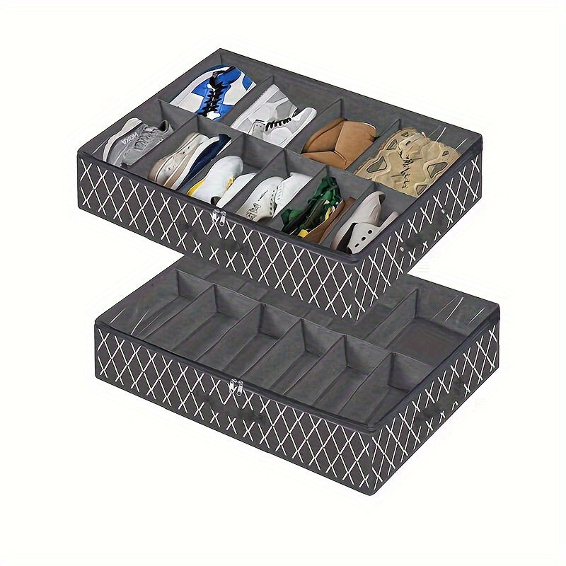 Yengil, minimalist geometrik naqshga ega yotoq ostidagi poyabzal saqlash qutisi; egiluvchan va changdan himoyalangan, tartibga solish uchun panjaralar bilan.