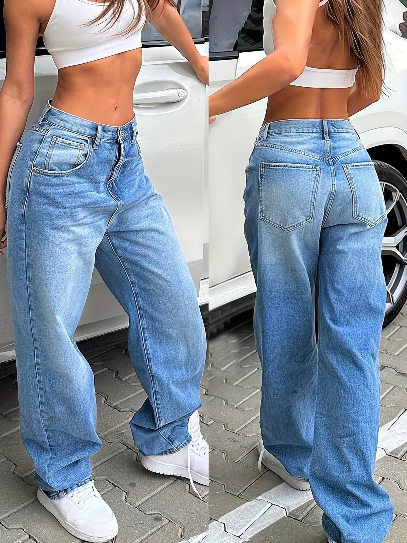 Women's Vintage Wide Leg Jeans Solid Color Non-Stretch Denim Long Length Casual Streetwear