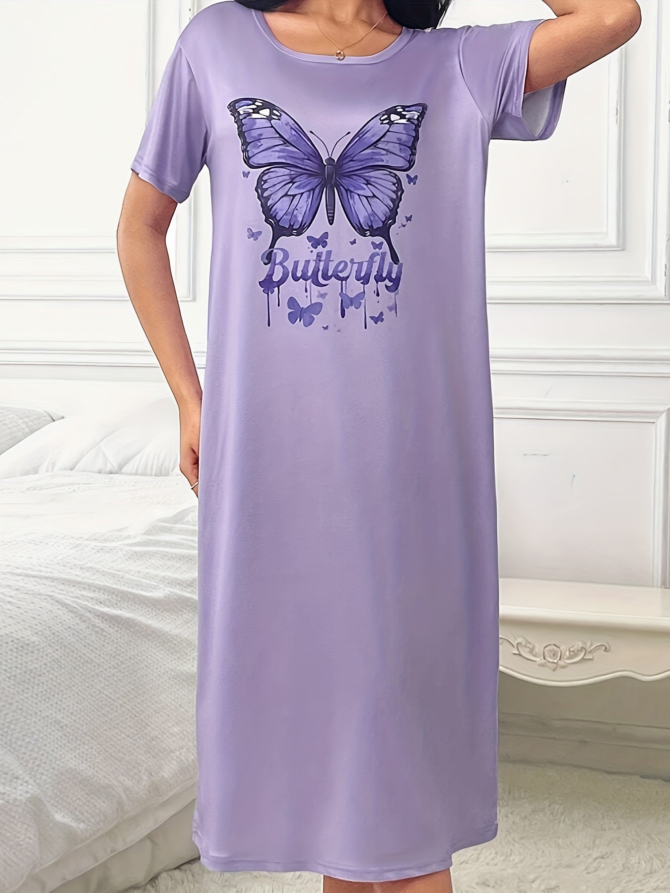 Plus Size Lavender Butterfly Print Sleep Dress Short Sleeve Lounge Nightwear