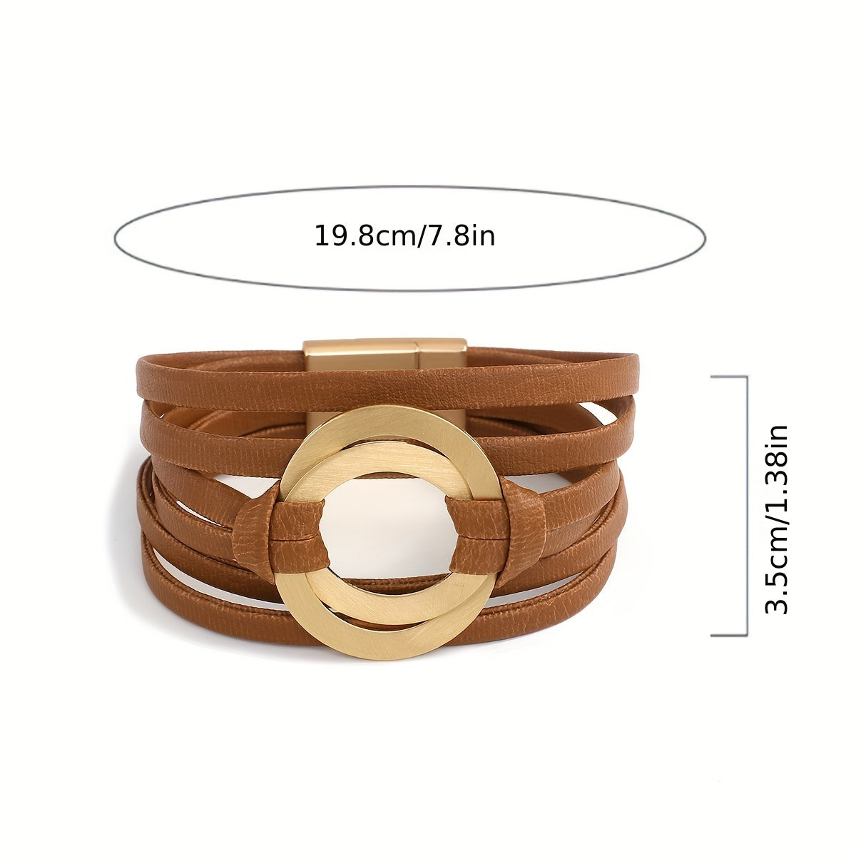 Women’s Artificial Leather Bracelet with Double Circle Charm and Magnet Clasp Wide Bangle Jewelry