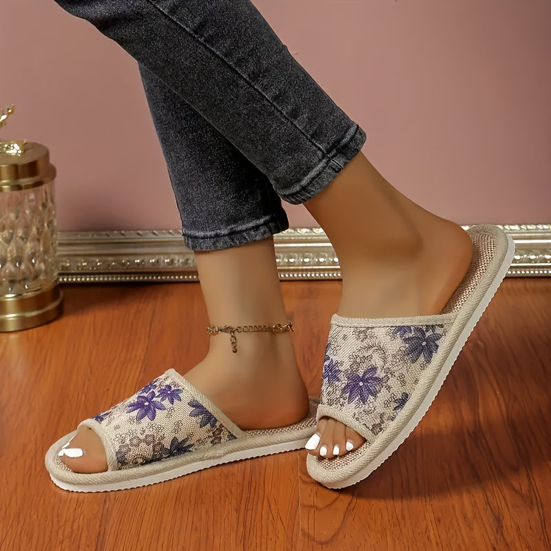 Women's Floral Linen Slippers with Non-slip Sole for Indoor Home Use