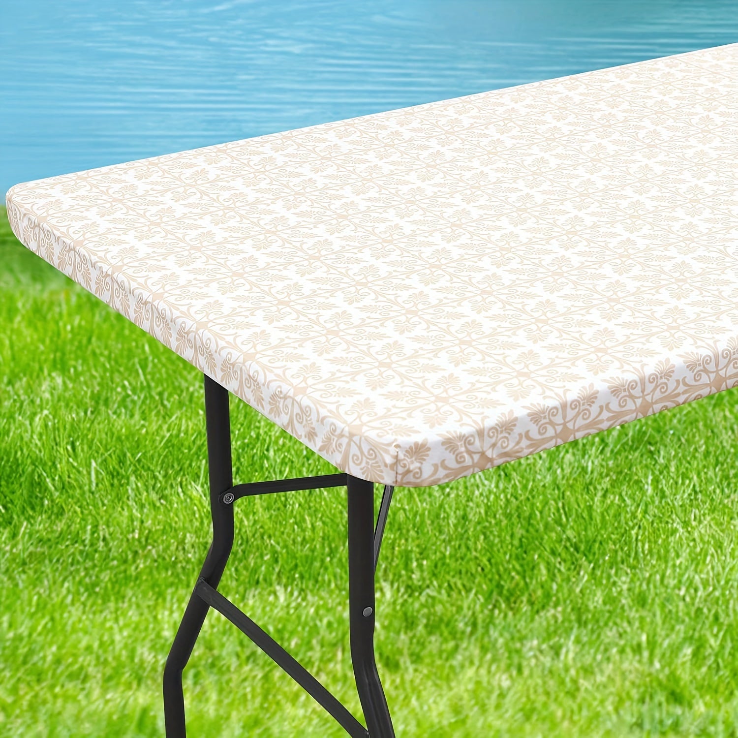 Baroque Style Waterproof Fitted Tablecloth with Elastic Flannel Backing for Outdoor Use