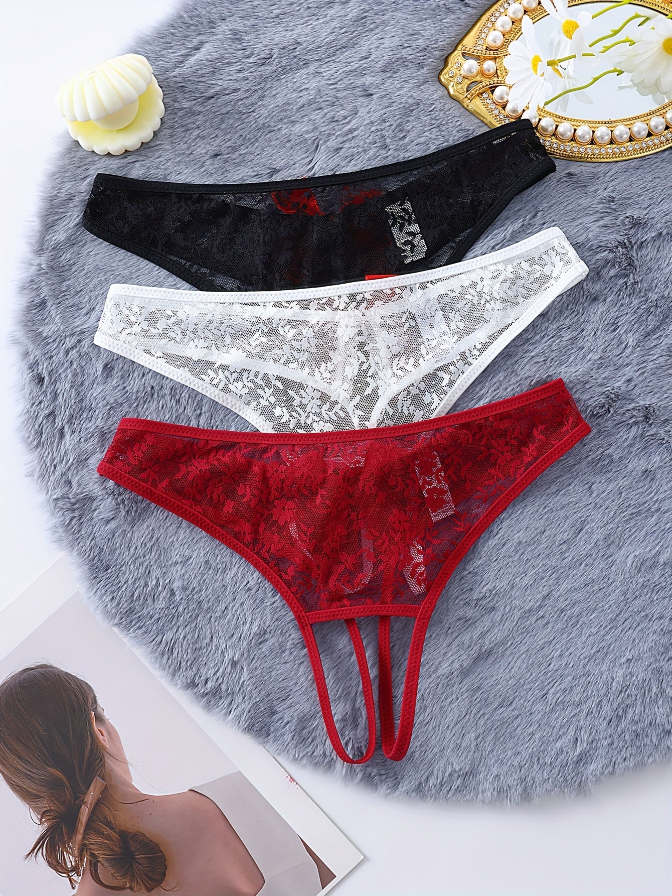 Women's Lace Thongs with Bows and Open Holes for Breathable Comfort