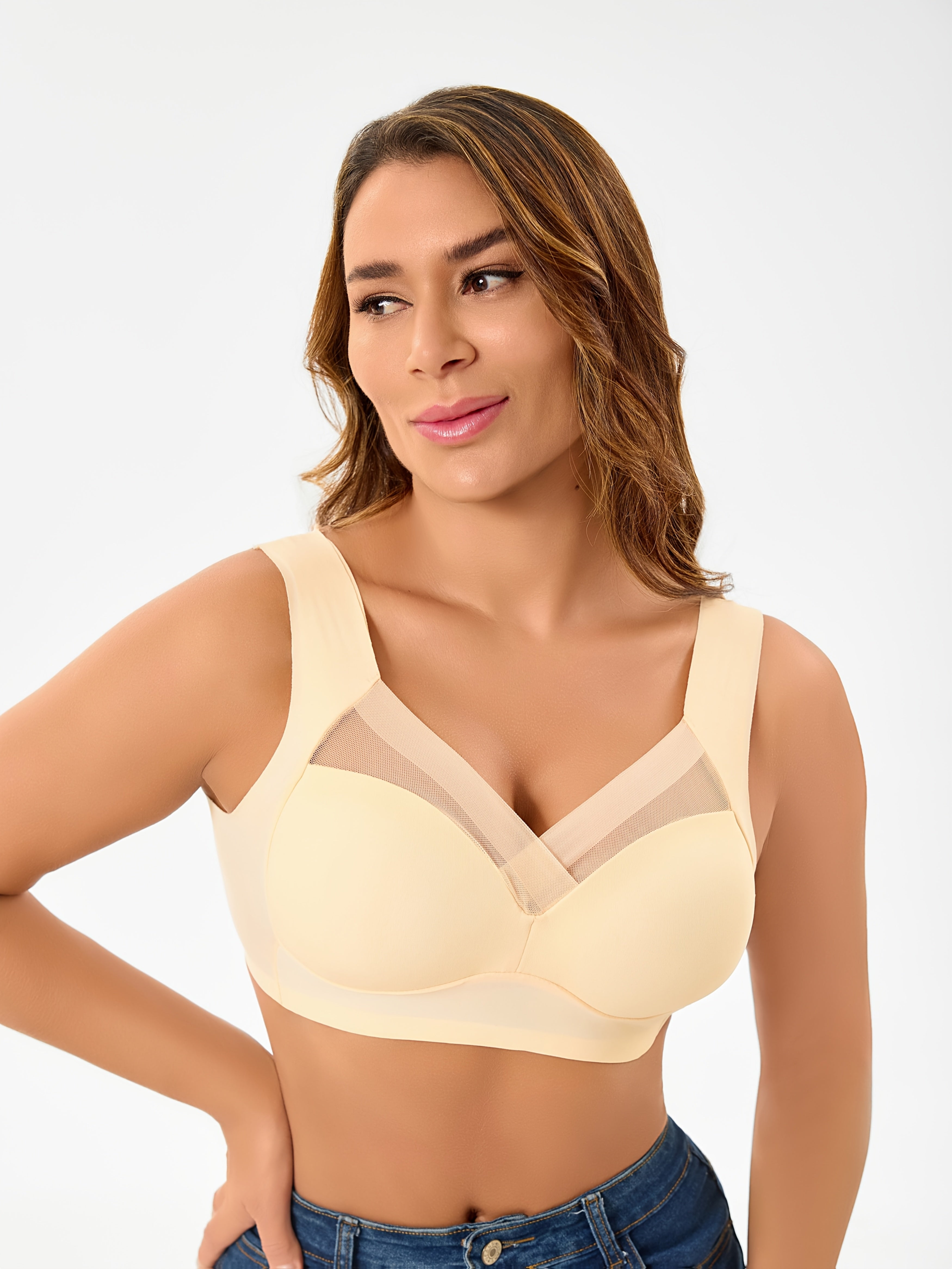 Women Solid Color Cross V-Neck Bras Pack of 4 Breathable Comfortable Mesh Light Blue Pink Beige Black