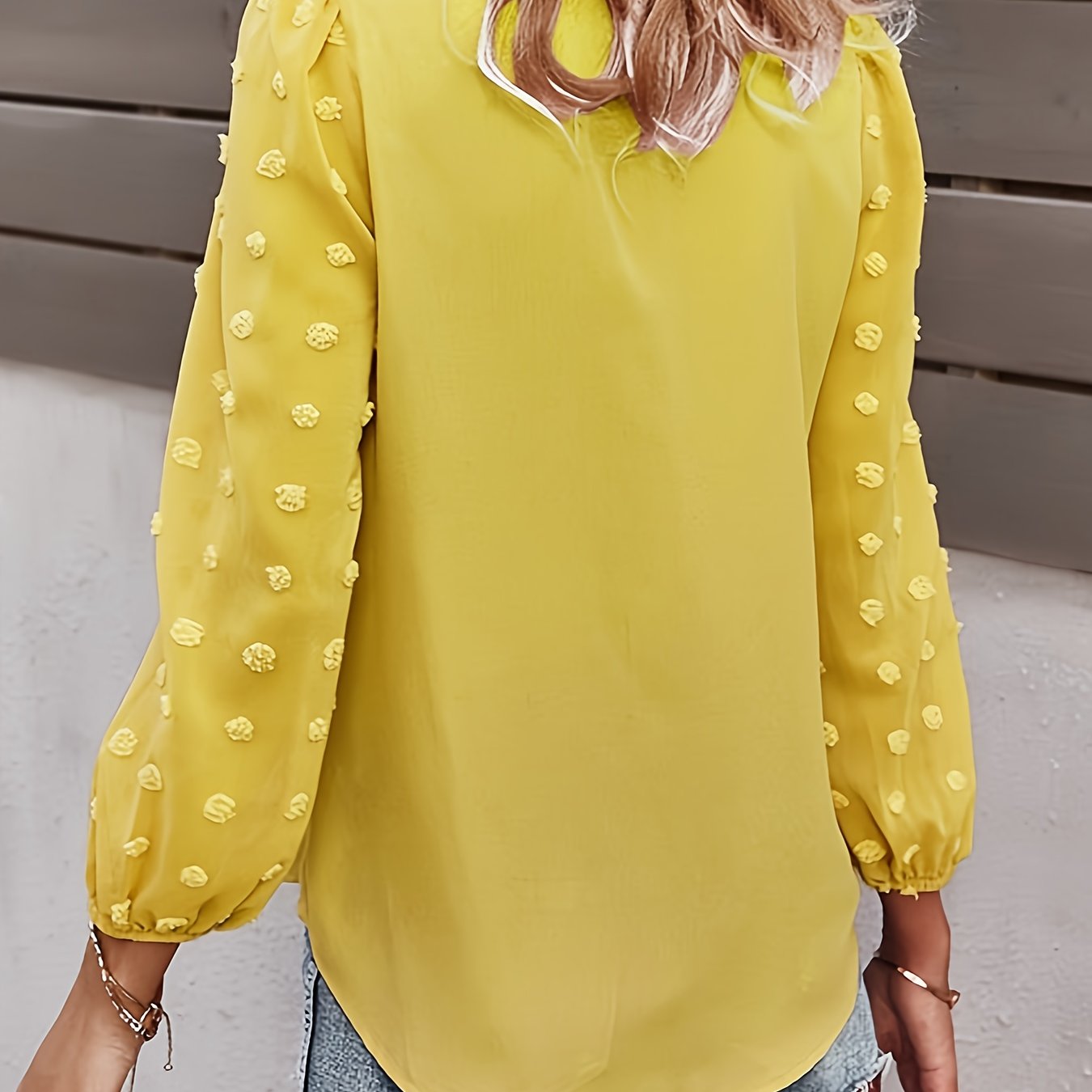 Plus Size Women's V-Neck Blouse Long Sleeve Yellow Casual Top
