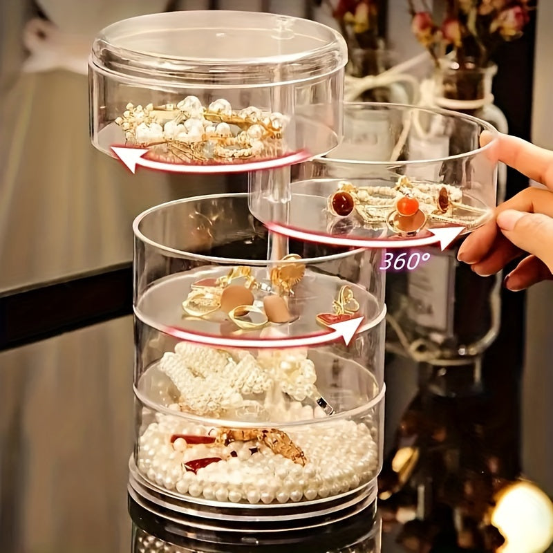 5-Tier Jewelry Organizer with Rotating Earring and Bracelet Storage Clear Dustproof Lid