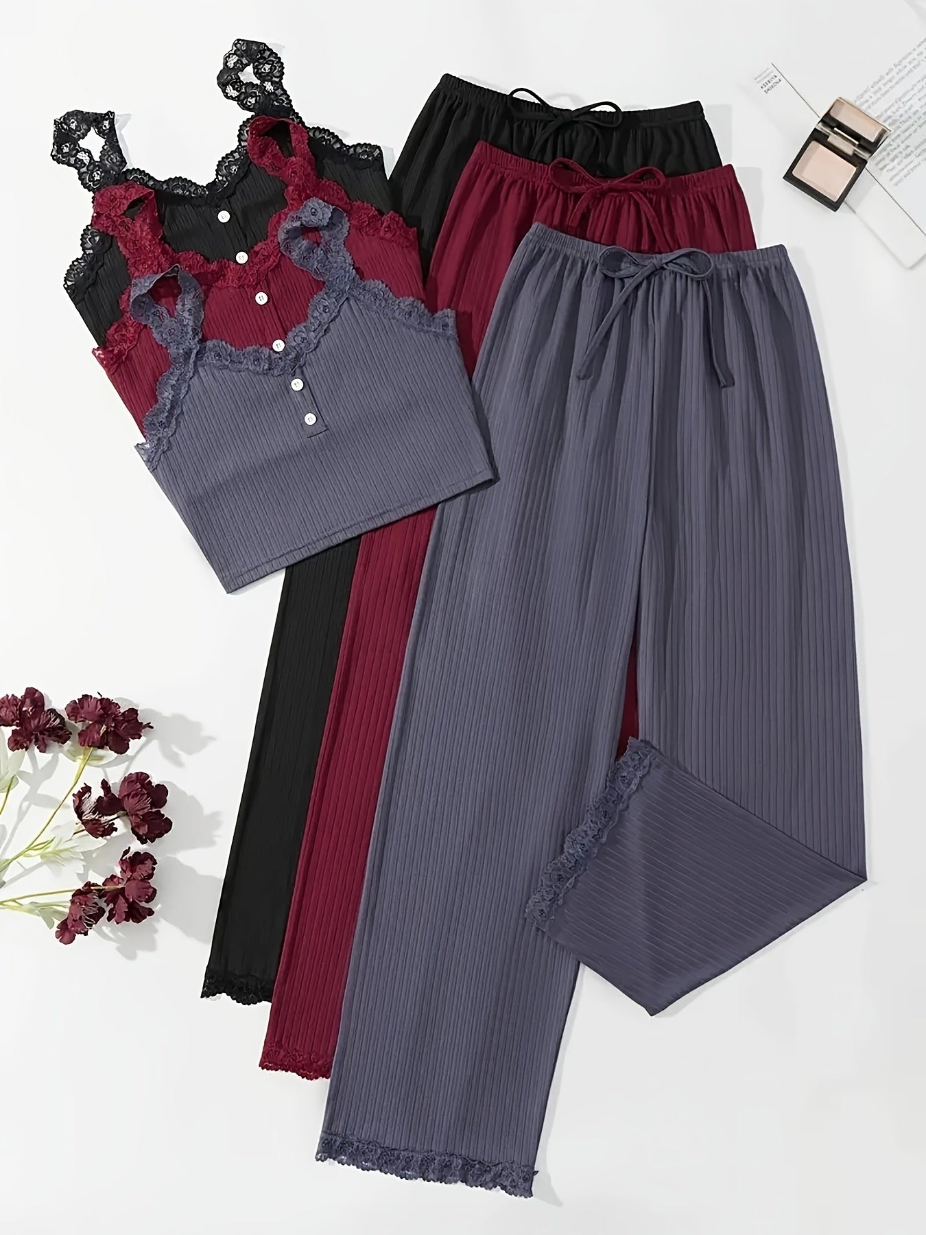 Women's Plus Size Lounge Set 3 Pieces Lace Ribbed Cami Top and Pants