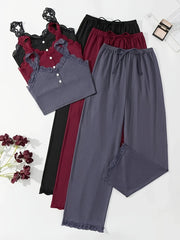 Women's Plus Size Lounge Set 3 Pieces Lace Ribbed Cami Top and Pants