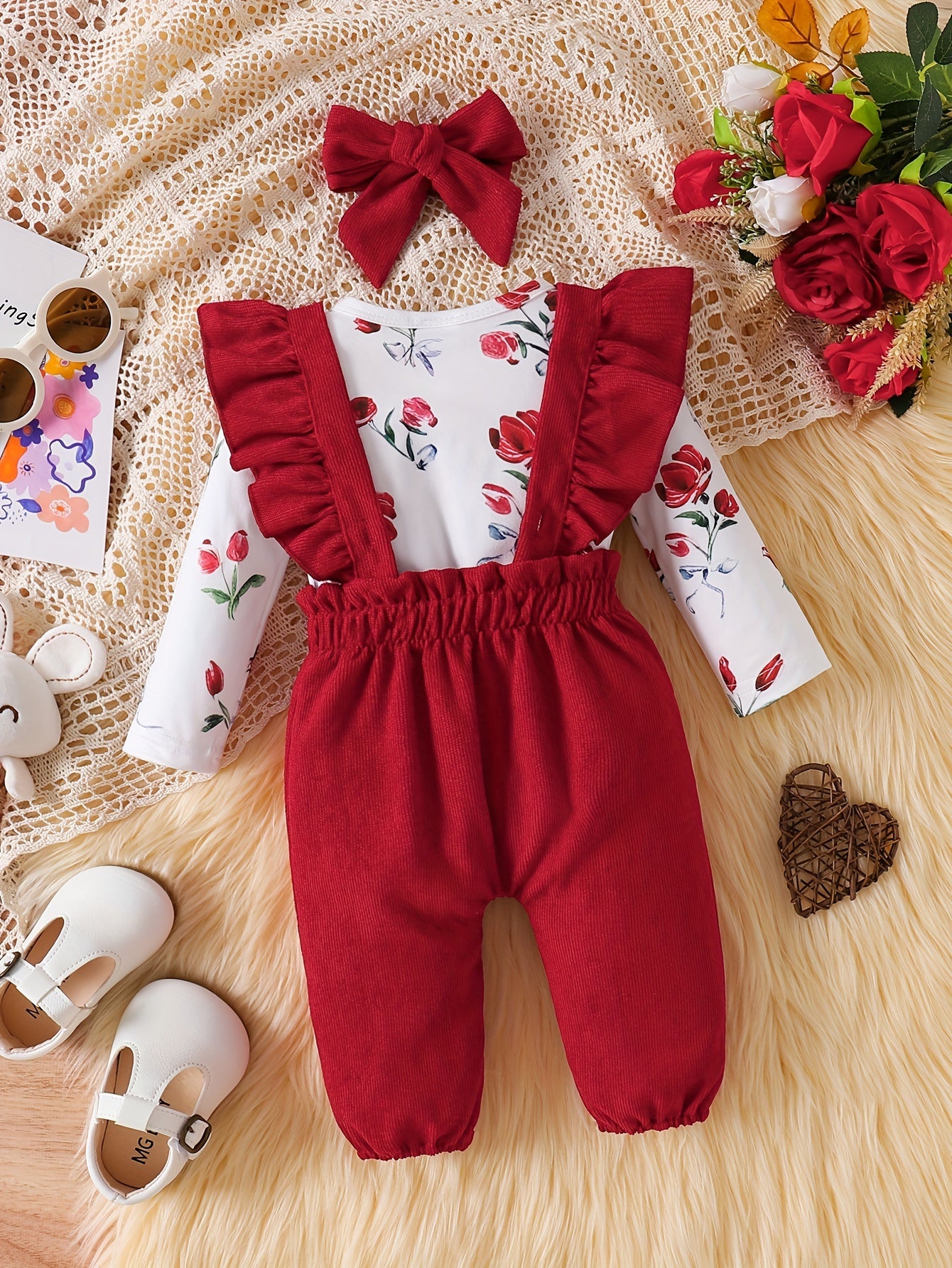 Girls' 3-Piece Floral Outfit Long Sleeve Romper Overalls Headband Cotton Blend Fall Winter