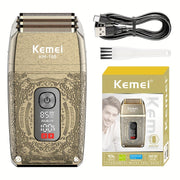 Kemei Oscillating Electric Shaver, model KM-T88, metall o'yma korpus, LCD ekran displeyi, 3D suzib yuradigan pichoq tarmog'i, professional pichoq bosh, uch tezlikda soqol olish va ikki tomonlama foydalanish imkoniyatiga ega.